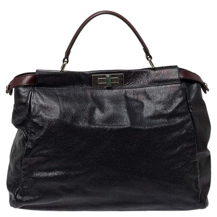 Pre Owned Fendi Black Leather With Suede And Beaded Lining Large Peekaboo Top Handle Bag