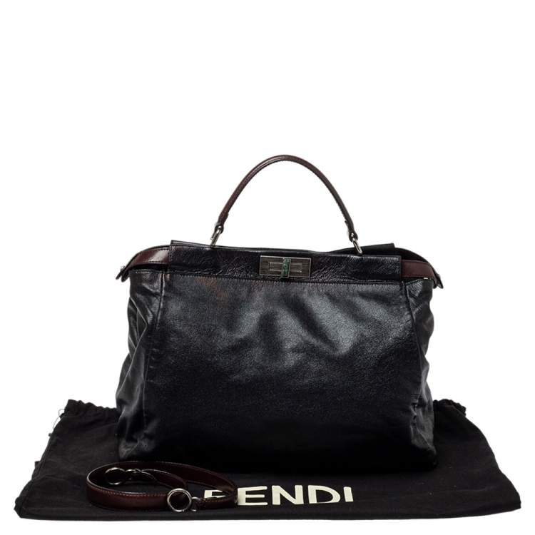 Pre Owned Fendi Black Leather With Suede And Beaded Lining Large Peekaboo Top Handle Bag