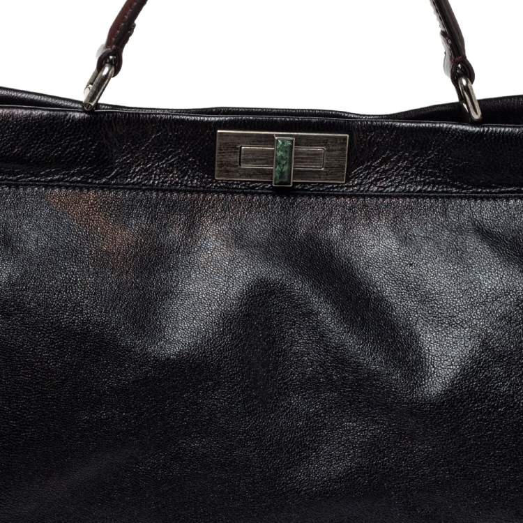 Pre Owned Fendi Black Leather With Suede And Beaded Lining Large Peekaboo Top Handle Bag
