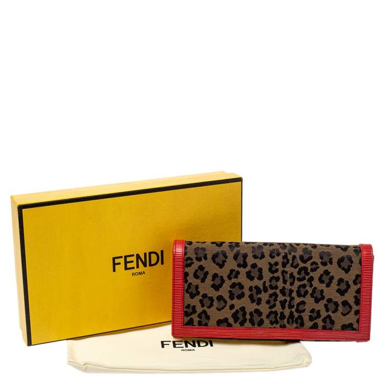 Pre Owned Fendi Brown/Red Leopard Print Canvas and Leather Continental Wallet 