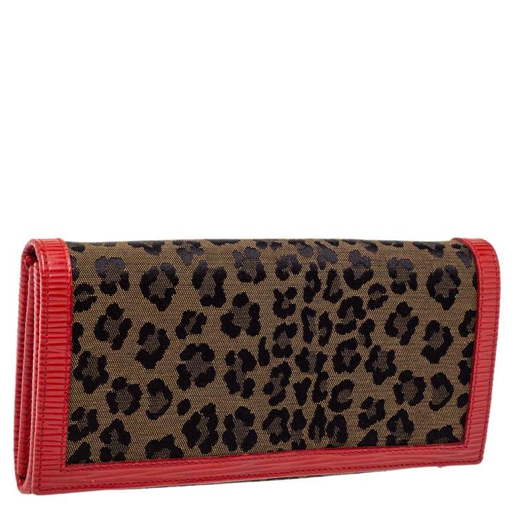 Pre Owned Fendi Brown/Red Leopard Print Canvas and Leather Continental Wallet 