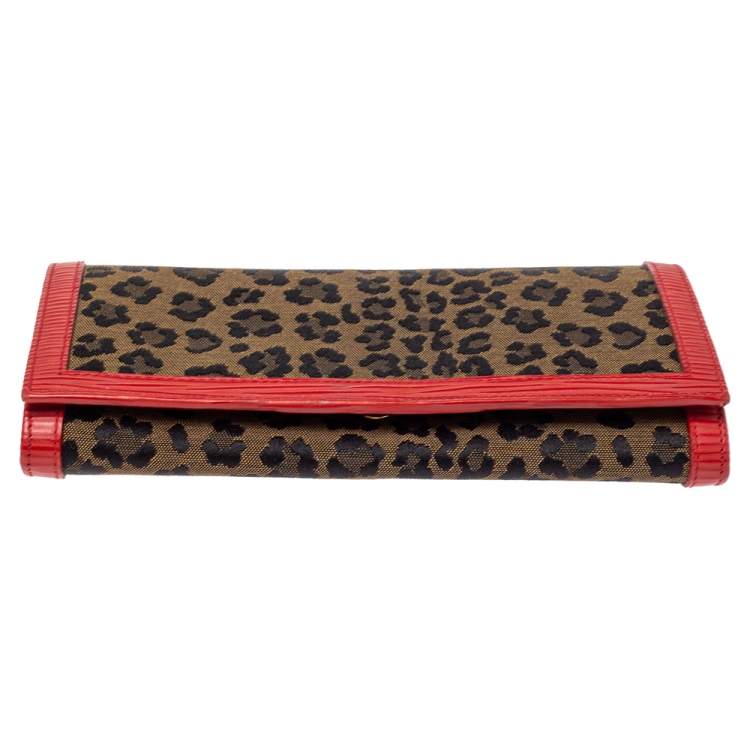 Pre Owned Fendi Brown/Red Leopard Print Canvas and Leather Continental Wallet 