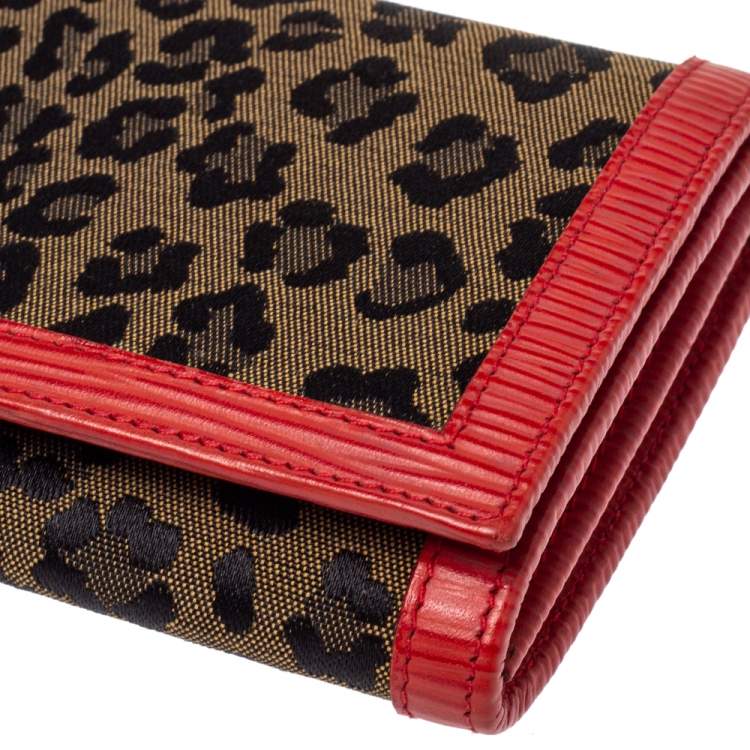 Pre Owned Fendi Brown/Red Leopard Print Canvas and Leather Continental Wallet 