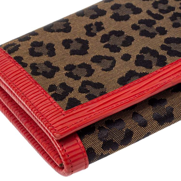 Pre Owned Fendi Brown/Red Leopard Print Canvas and Leather Continental Wallet 