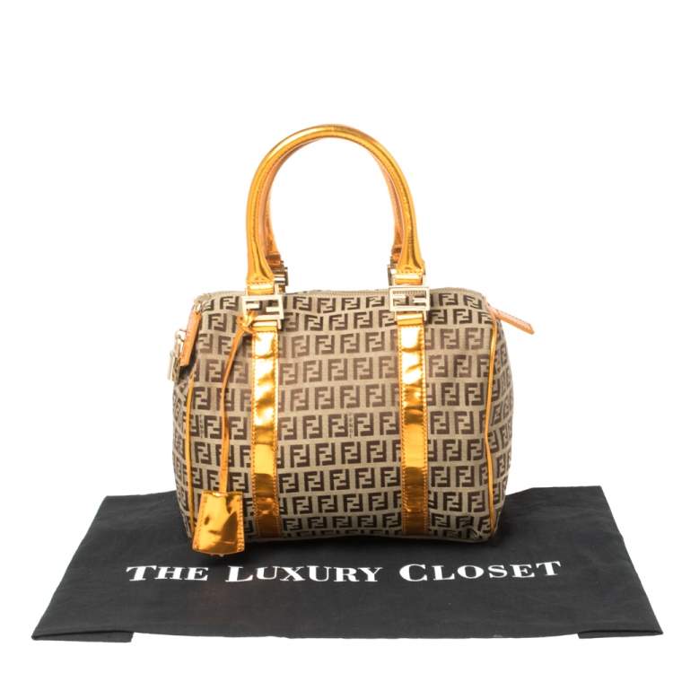 Pre Owned Fendi Beige/Metallic Orange Zucchino Canvas and Patent Leather Small Forever Bauletto Boston Bag