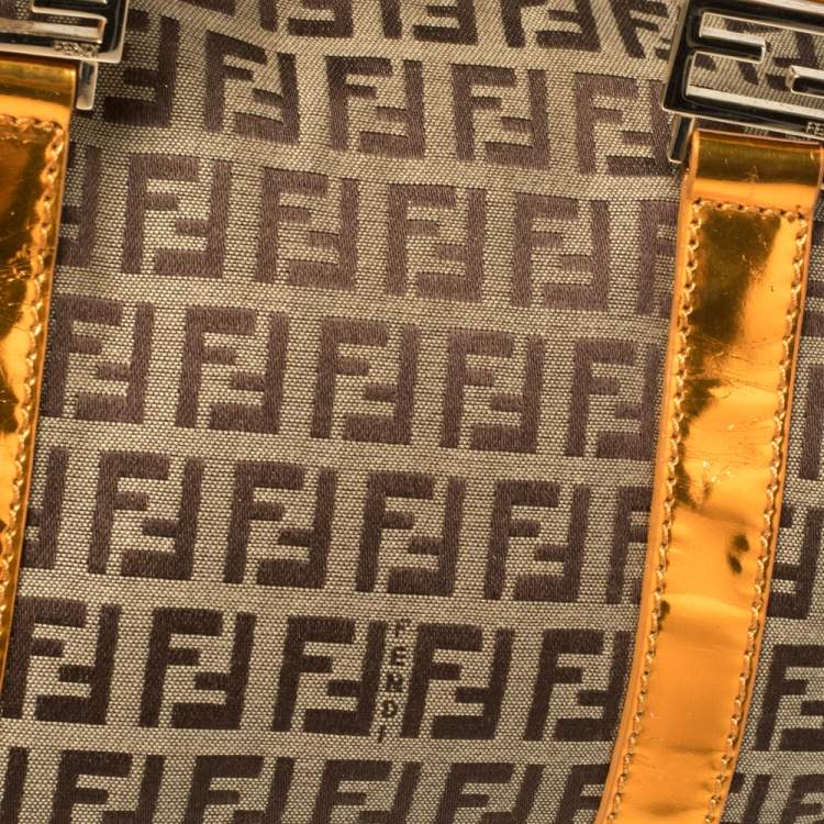 Pre Owned Fendi Beige/Metallic Orange Zucchino Canvas and Patent Leather Small Forever Bauletto Boston Bag