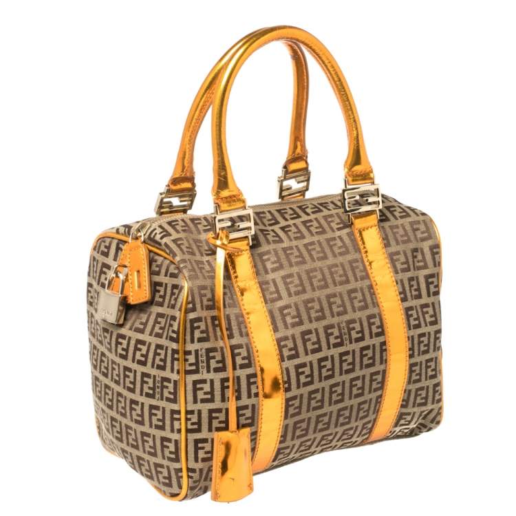 Pre Owned Fendi Beige/Metallic Orange Zucchino Canvas and Patent Leather Small Forever Bauletto Boston Bag