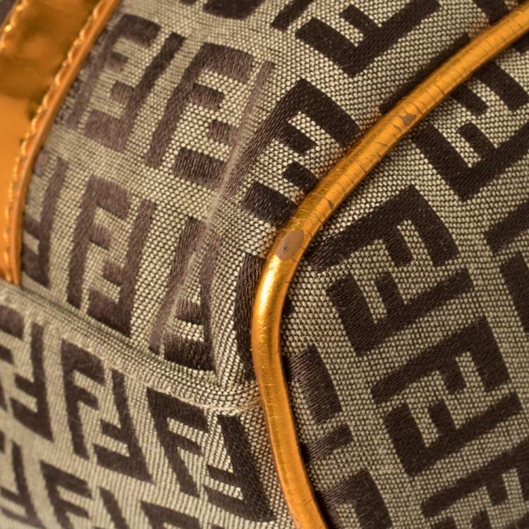 Pre Owned Fendi Beige/Metallic Orange Zucchino Canvas and Patent Leather Small Forever Bauletto Boston Bag