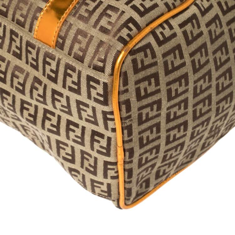 Pre Owned Fendi Beige/Metallic Orange Zucchino Canvas and Patent Leather Small Forever Bauletto Boston Bag