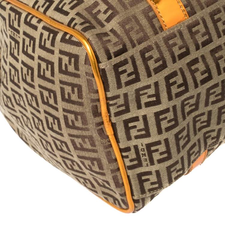 Pre Owned Fendi Beige/Metallic Orange Zucchino Canvas and Patent Leather Small Forever Bauletto Boston Bag