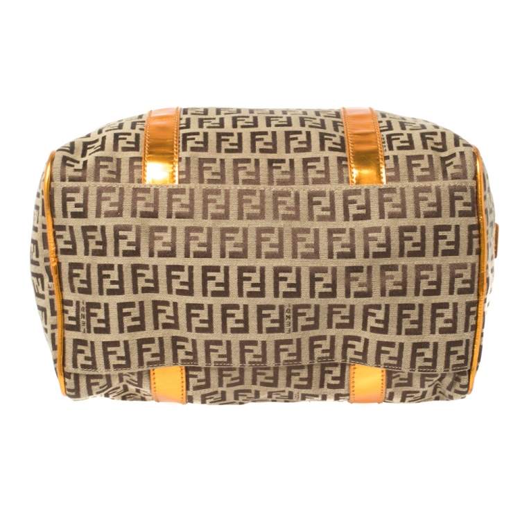 Pre Owned Fendi Beige/Metallic Orange Zucchino Canvas and Patent Leather Small Forever Bauletto Boston Bag