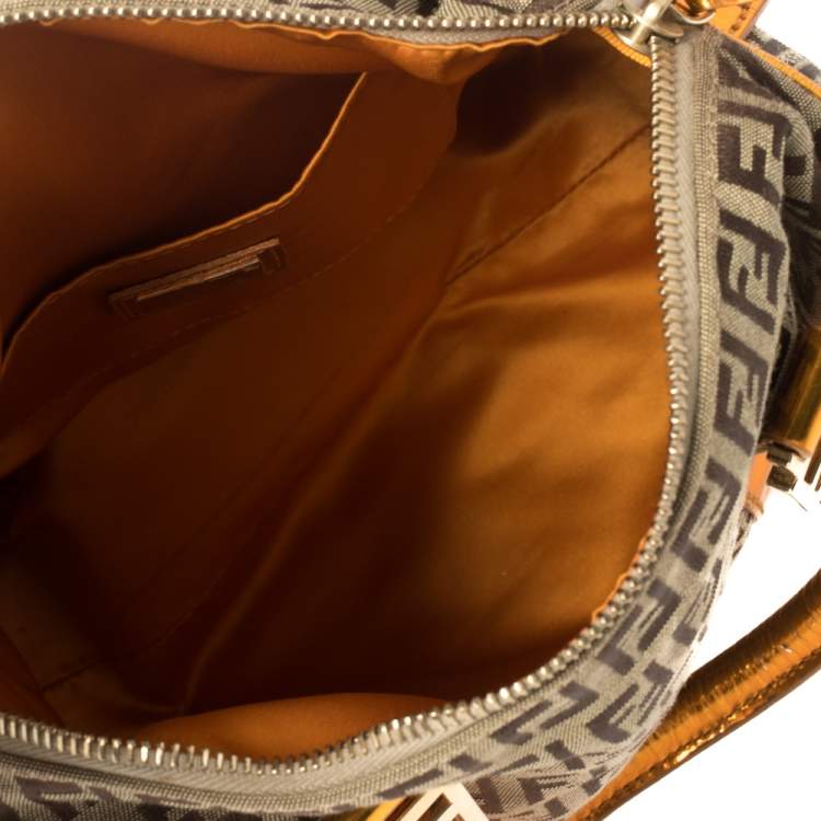 Pre Owned Fendi Beige/Metallic Orange Zucchino Canvas and Patent Leather Small Forever Bauletto Boston Bag