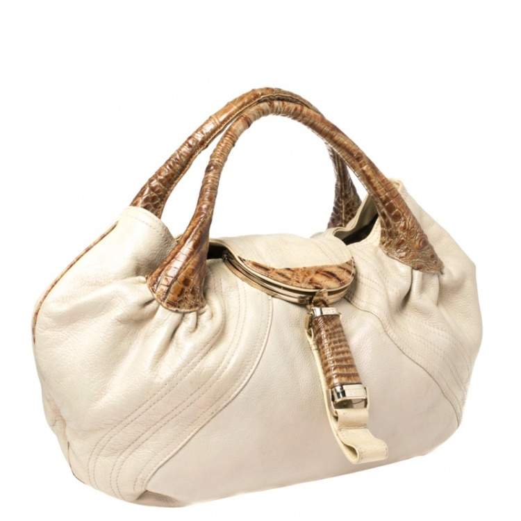 Pre Owned Fendi Light Beige Iridescent Textured Leather and Ostrich Spy Bag