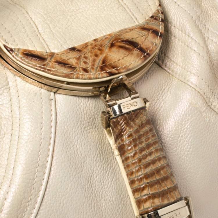 Pre Owned Fendi Light Beige Iridescent Textured Leather and Ostrich Spy Bag
