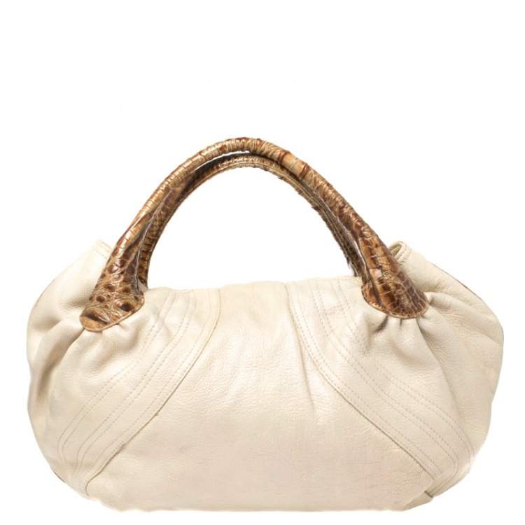 Pre Owned Fendi Light Beige Iridescent Textured Leather and Ostrich Spy Bag