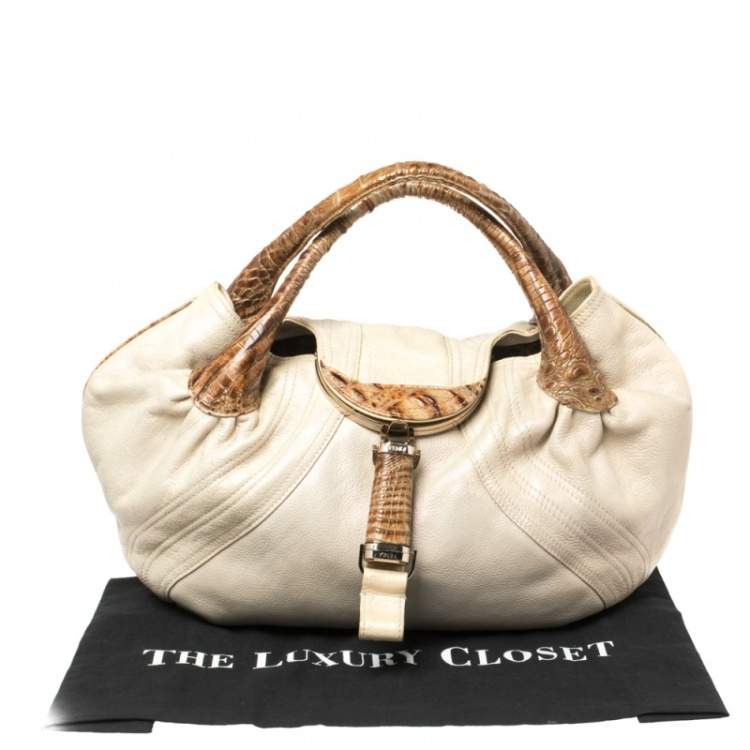 Pre Owned Fendi Light Beige Iridescent Textured Leather and Ostrich Spy Bag