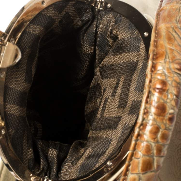 Pre Owned Fendi Light Beige Iridescent Textured Leather and Ostrich Spy Bag