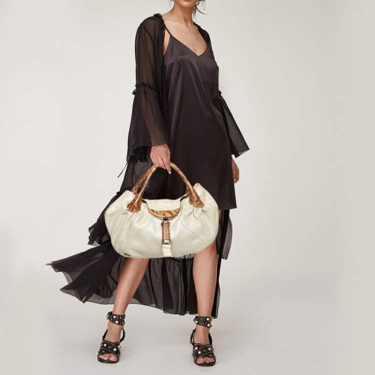 Pre Owned Fendi Light Beige Iridescent Textured Leather and Ostrich Spy Bag