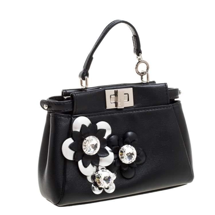 Pre Owned Fendi Black Floral Embellished Leather Micro Peekaboo Top Handle Bag