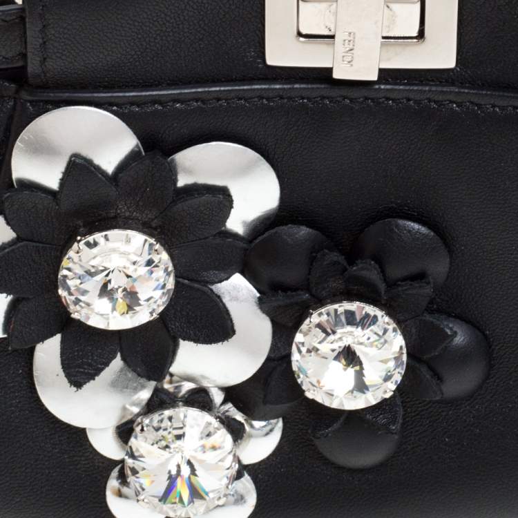 Pre Owned Fendi Black Floral Embellished Leather Micro Peekaboo Top Handle Bag