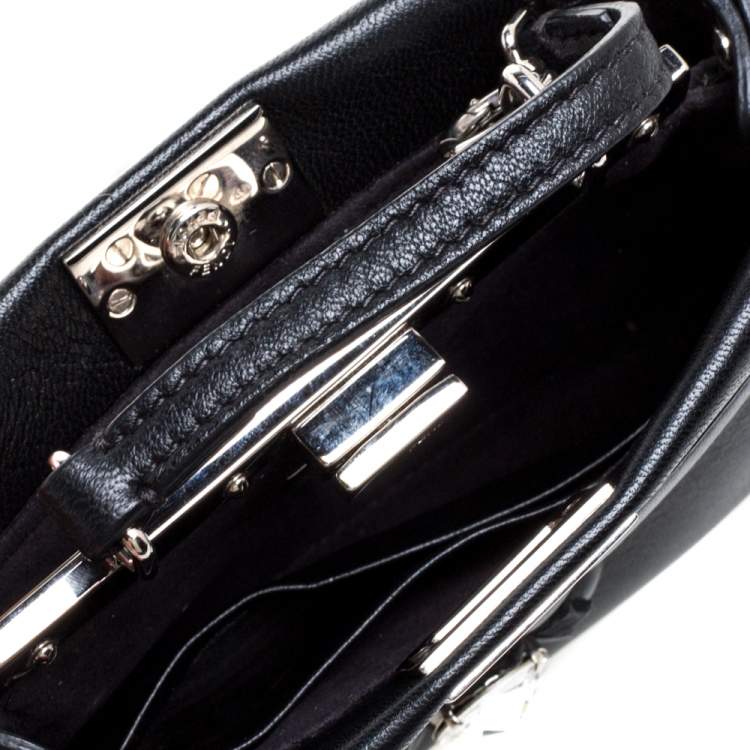 Pre Owned Fendi Black Floral Embellished Leather Micro Peekaboo Top Handle Bag
