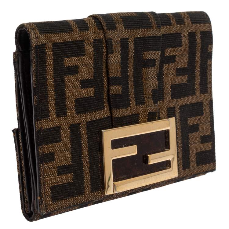 Pre Owned Fendi Tobacco Zucca Canvas FF Flap Compact Wallet