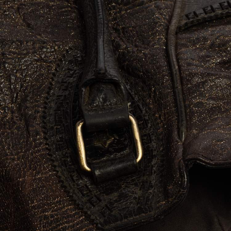Pre Owned Fendi Dark Brown Shimmer Leather Small Studded Chef De Jour Bag