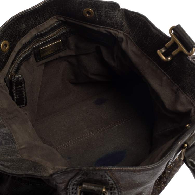 Pre Owned Fendi Dark Brown Shimmer Leather Small Studded Chef De Jour Bag