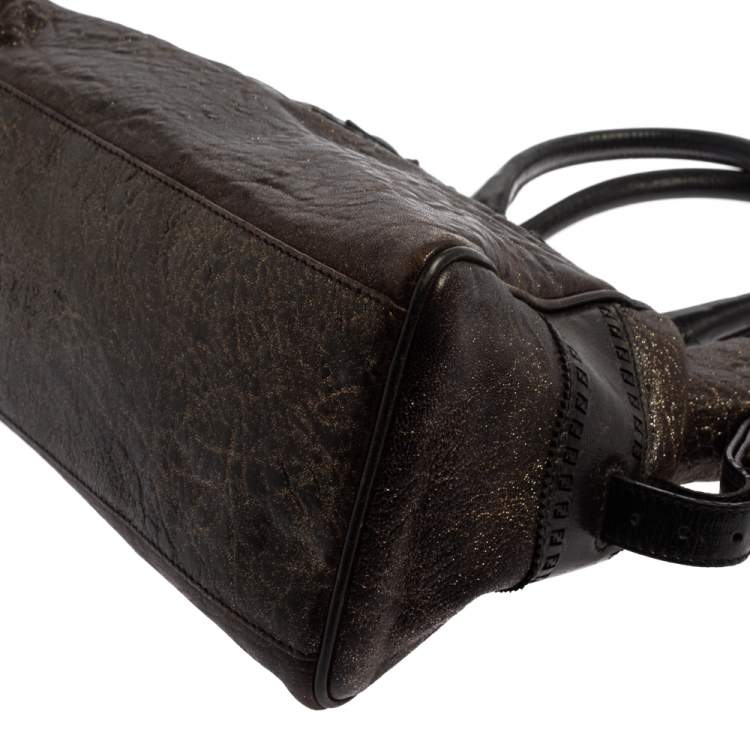 Pre Owned Fendi Dark Brown Shimmer Leather Small Studded Chef De Jour Bag