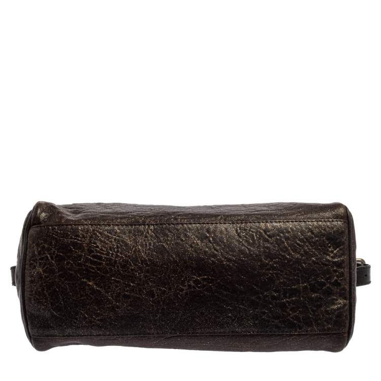 Pre Owned Fendi Dark Brown Shimmer Leather Small Studded Chef De Jour Bag