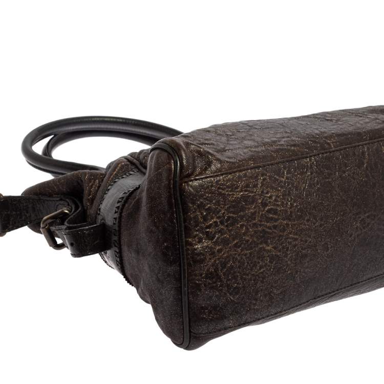 Pre Owned Fendi Dark Brown Shimmer Leather Small Studded Chef De Jour Bag
