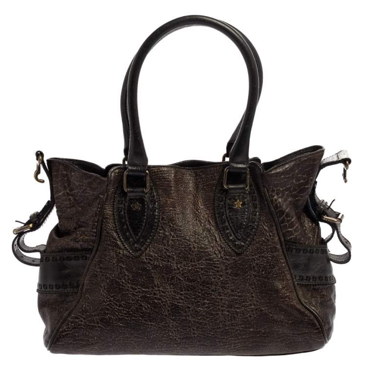 Pre Owned Fendi Dark Brown Shimmer Leather Small Studded Chef De Jour Bag
