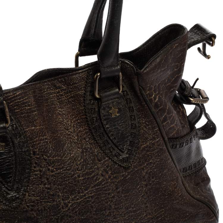 Pre Owned Fendi Dark Brown Shimmer Leather Small Studded Chef De Jour Bag