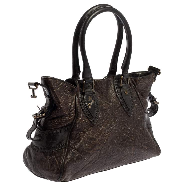 Pre Owned Fendi Dark Brown Shimmer Leather Small Studded Chef De Jour Bag