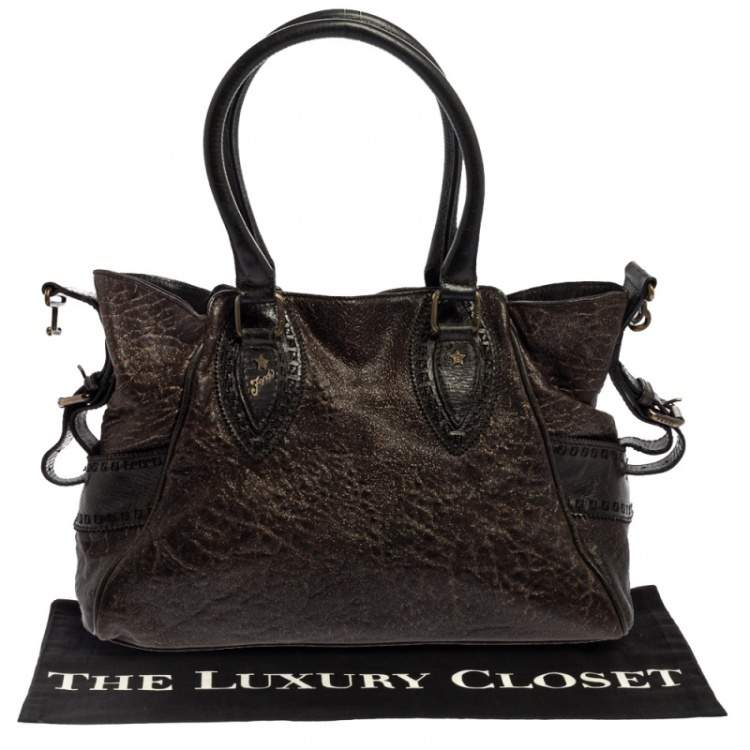 Pre Owned Fendi Dark Brown Shimmer Leather Small Studded Chef De Jour Bag