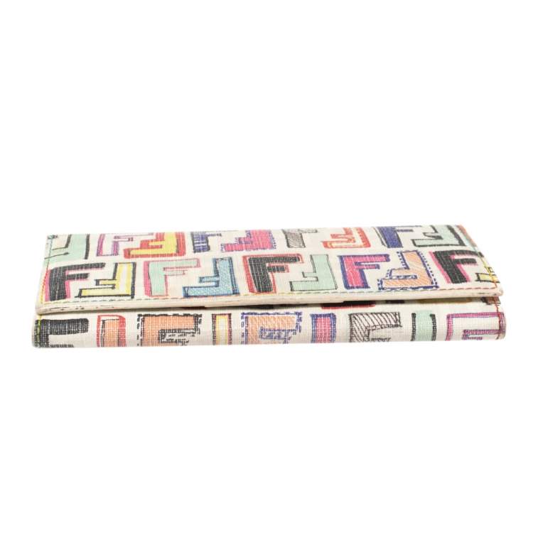 Pre Owned Fendi White Multicolor FF Logo Coated Canvas Long Flap Wallet