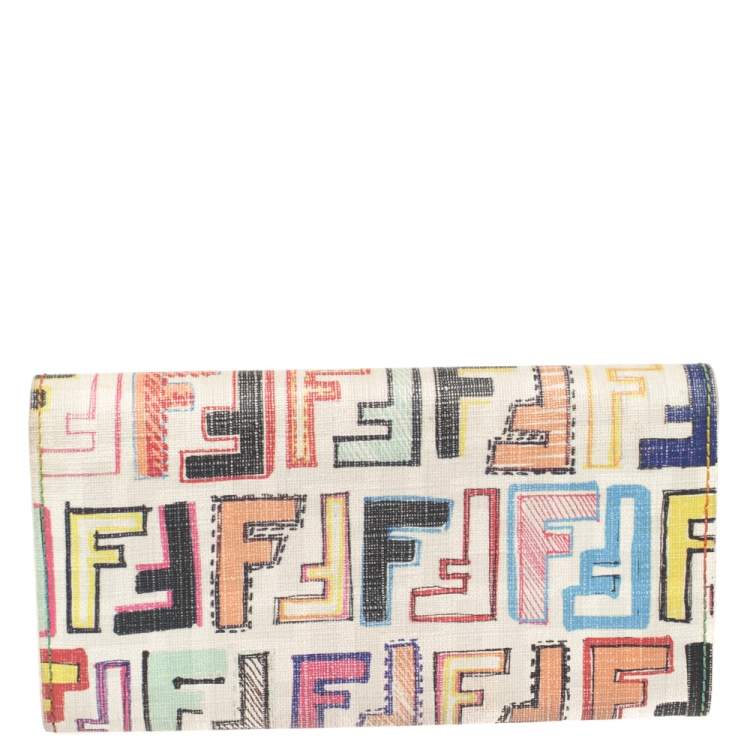 Pre Owned Fendi White Multicolor FF Logo Coated Canvas Long Flap Wallet