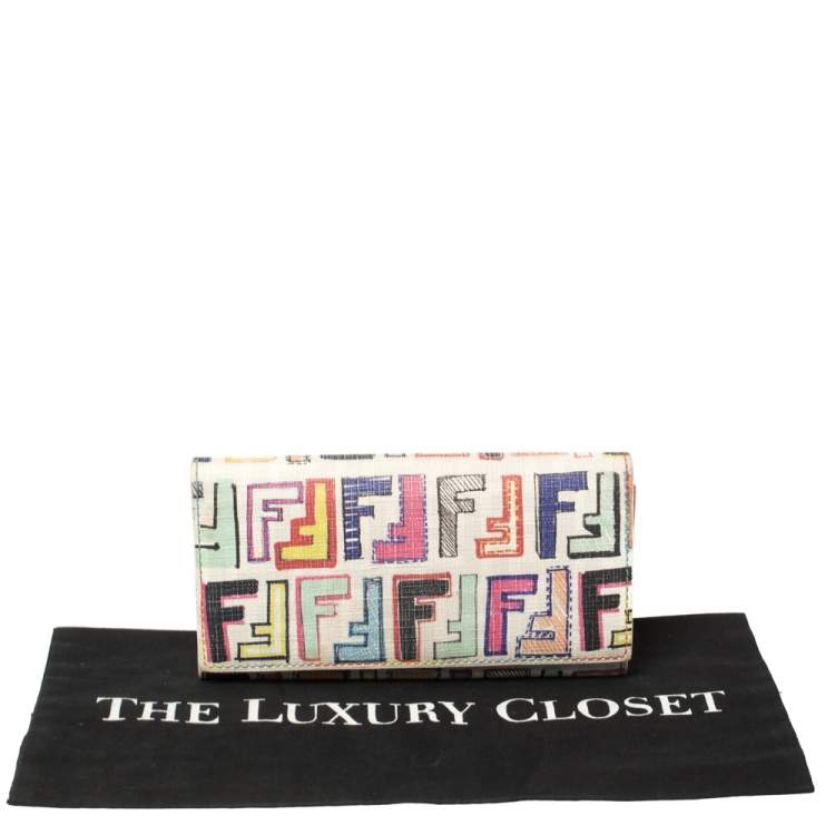 Pre Owned Fendi White Multicolor FF Logo Coated Canvas Long Flap Wallet