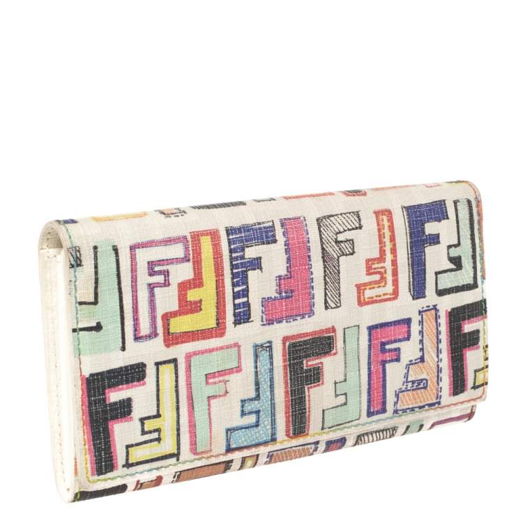 Pre Owned Fendi White Multicolor FF Logo Coated Canvas Long Flap Wallet