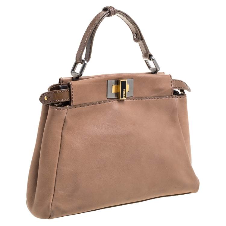 Pre Owned Fendi Beige Leather Mini Peekaboo Top Handle Bag