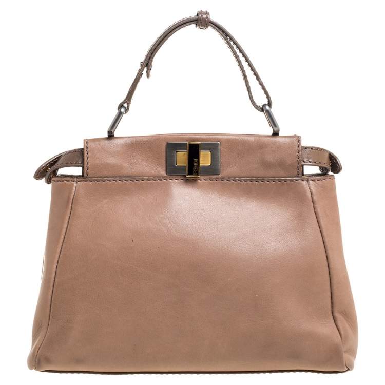 Pre Owned Fendi Beige Leather Mini Peekaboo Top Handle Bag