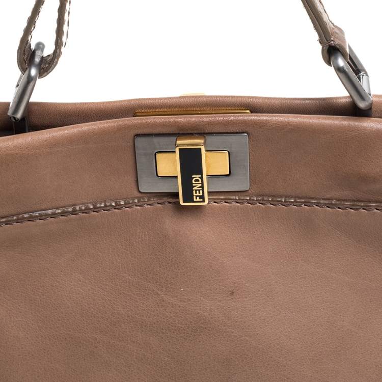 Pre Owned Fendi Beige Leather Mini Peekaboo Top Handle Bag