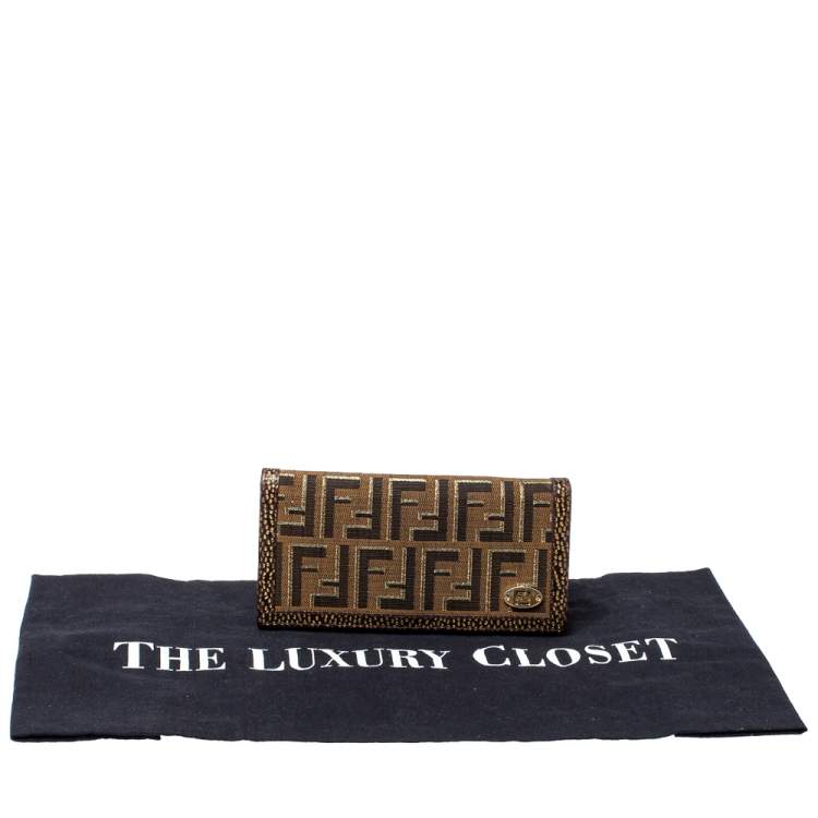 Pre Owned Fendi Tobacco/Gold Zucca Canvas and Textured Leather Wallet