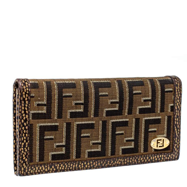 Pre Owned Fendi Tobacco/Gold Zucca Canvas and Textured Leather Wallet