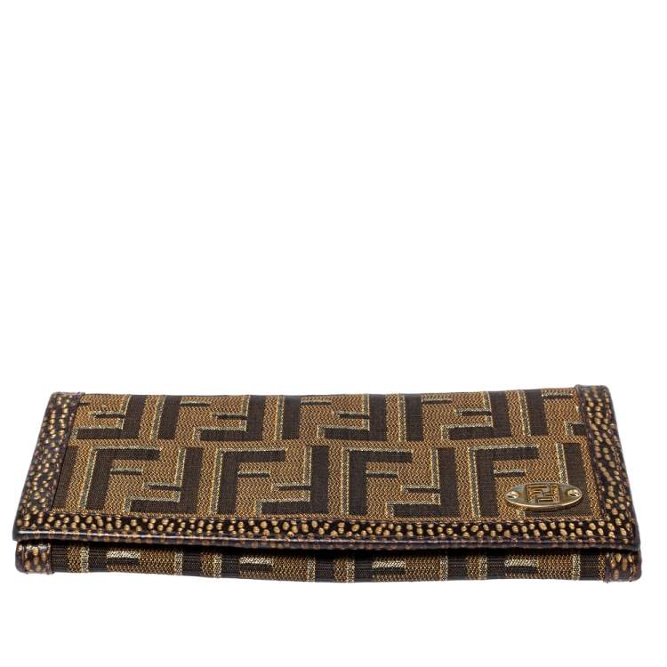 Pre Owned Fendi Tobacco/Gold Zucca Canvas and Textured Leather Wallet