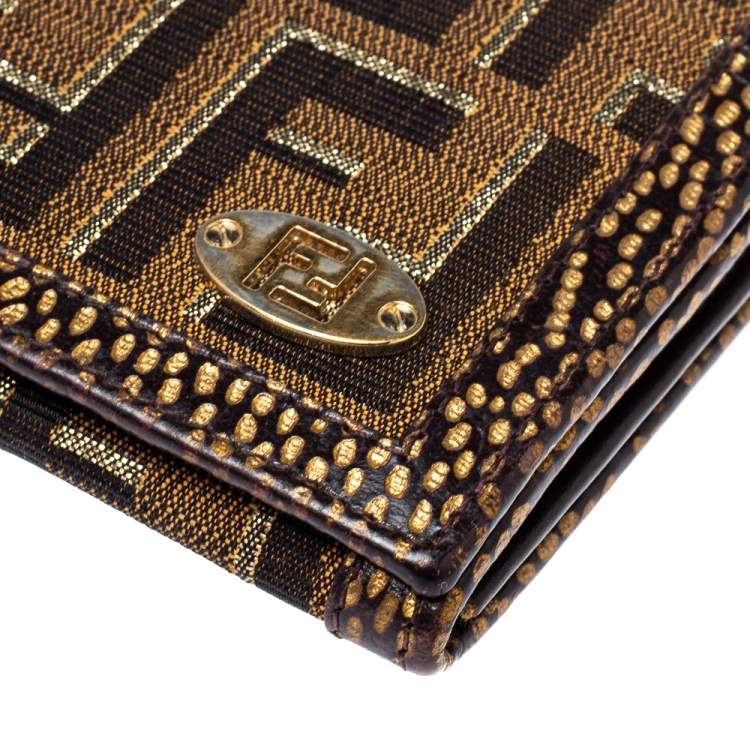 Pre Owned Fendi Tobacco/Gold Zucca Canvas and Textured Leather Wallet