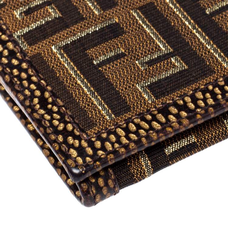 Pre Owned Fendi Tobacco/Gold Zucca Canvas and Textured Leather Wallet