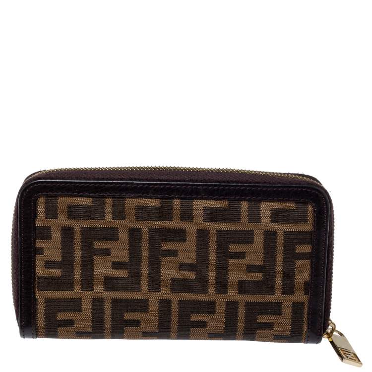 Pre Owned Fendi Tobacco Zucca Canvas and Leather Zip Around Wallet