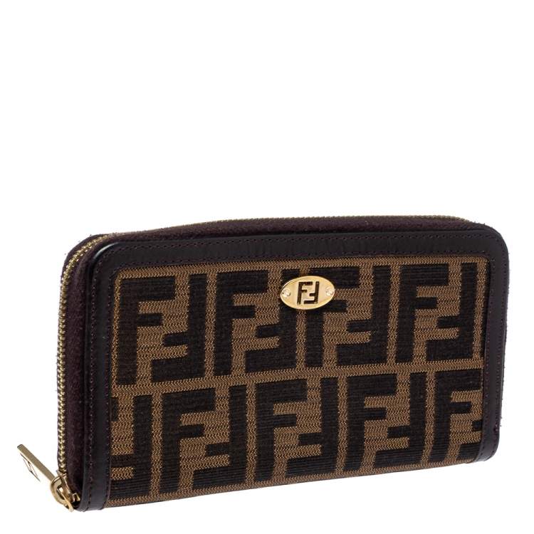 Pre Owned Fendi Tobacco Zucca Canvas and Leather Zip Around Wallet