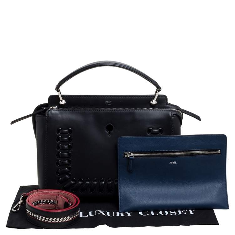 Pre Owned Fendi Black Leather Whipstitch Dotcom Top Handle Bag